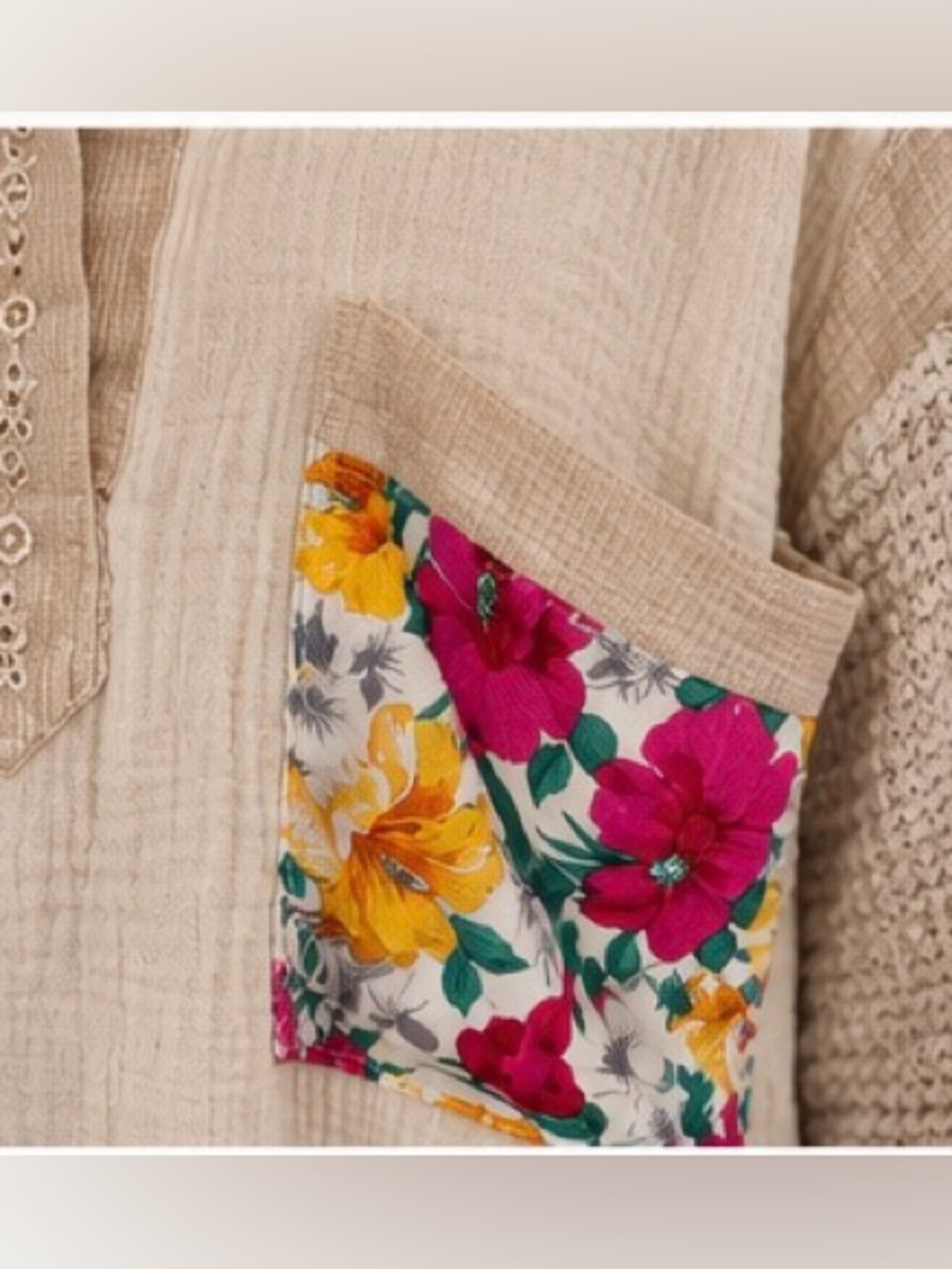 POL Cream Mixed Media Long-Sleeve Henley with Floral Patch Pockets - Picture 14 of 14